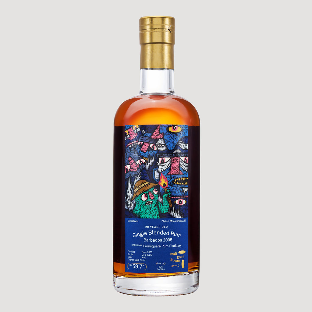 Bottle of single blended rum with a colorful label on a light gray background