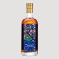 Bottle of single blended rum with a colorful label on a light gray background