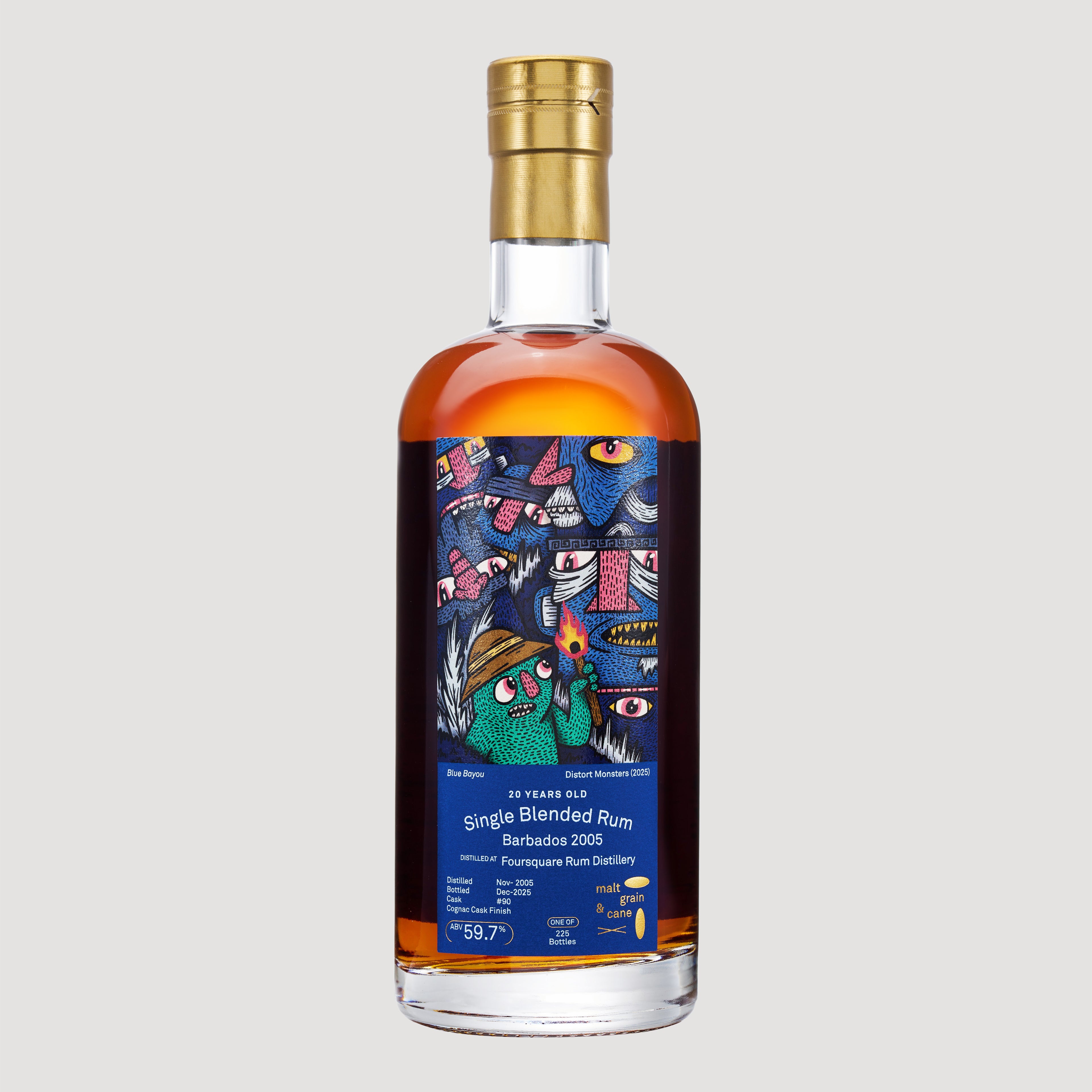 Bottle of single blended rum with a colorful label on a light gray background